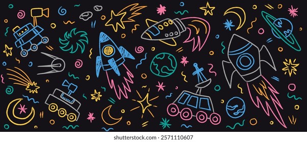 Cute kid crayon space set. Hand drawn doodle sketch objects, chalk rocket, rover, stars, planets, moon. Children crayon style scribble background. Vector illustration for your design, template