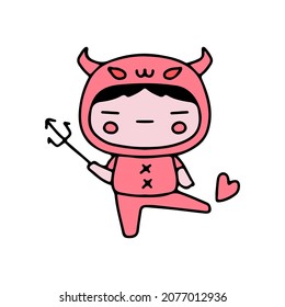 Cute kid with devil costume kick heart symbol costume illustration. Vector graphics for t-shirt prints and other uses.