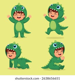 Cute Kid in Dinosaur Costume, Playful Poses Character Set. Vector illustration