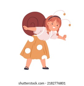 Cute kid disguised in carnival costume for autumn holiday party. Happy smiling little girl child wearing snail animal clothes with antennae. Flat vector illustration isolated on white background.