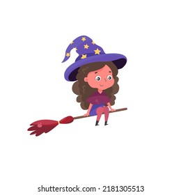 Cute kid disguised in witch costume for Halloween carnival. Happy child in an autumn party outfit. Funny little girl character in festive wearing. Flat vector illustration isolated on white background