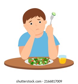 Cute kid do not want eat salad. A sad  child  is sitting at the table with a plate of salad. Vector illustration