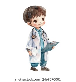 cute kid doctor vector illustration in watercolor style