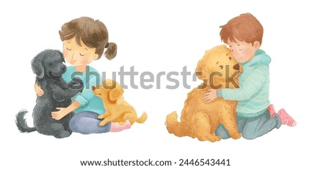 cute kid with dog watercolor vector illustration 