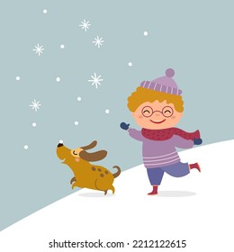 Cute Kid With Dog In Winter. Happy Boy In Glasses And Knitted Cap Playng With Puppy In Snow. Cartoon Child In Warm Clothes With Pet Outdoor. Hand Drawn Vector Illustration For Children, Flat Design