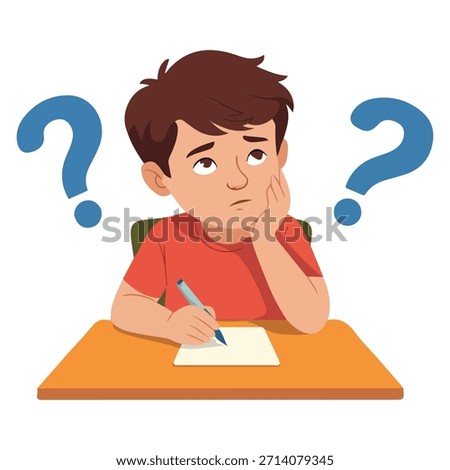 Cute kid doing homework feeling confused school boy thinking question mark vector