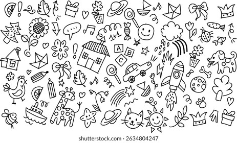 Cute kid doodle background with hand drawn icons. Pencil sketch illustration of rainbow, sun, cat, flower, house, cloud. Fun children vector pattern. School, summer, playful design.