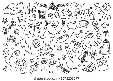 Cute kid doodle. Childish abstract elements and funny characters, hand drawn baby scribble icons. Vector childish elements isolated collection.