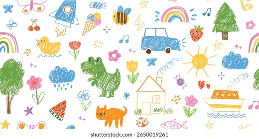 Cute kid doodle pattern. Seamless texture with child crayon drawings. Horizontal hand drawn child pencil background with flowers, stars, clouds, rainbow, sun. Vector banner.