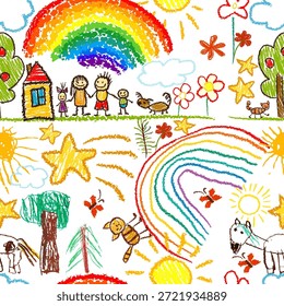 Lindo patrón de doodle de niño. Fondo inconsútil con los dibujos de los niños. Dibujado a mano. No IA, Ilustración vectorial