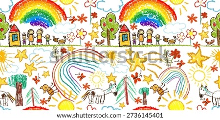 Cute kid doodle pattern. Seamless background with children's drawings. Hand drawn. Not AI, vector illustration