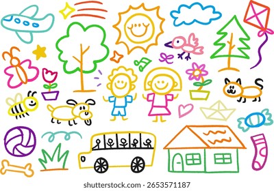 Cute kid doodle scribble drawing. Hand drawn sketch children element set. Flower, heart, cloud, plane, people, school, bus, home, sun.