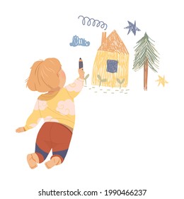 Cute Kid Drawing House on the Wall with Crayon or Pencil Vector Illustration