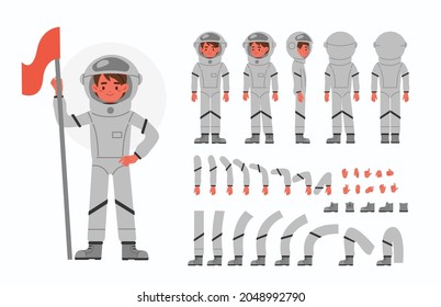 Cute Kid Dressed As Astronaut. Character Constructor For Animation. Front, Side And Back View. Body Parts And Postures Collection. Flat Cartoon Vector Illustration Isolated.