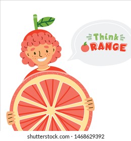 Cute kid dressed in fruit costume flat illustration. Think orange quote lettering inside speech bubble. Boy in childish clothing isolated cartoon character. Positive poster, kids book design element