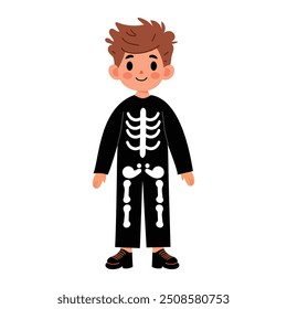 Cute kid dressed up in a skeleton carnival costume. Child in festive outfit for Halloween. Flat graphic vector illustration isolated on white background.