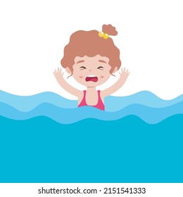 Cute kid drowning in water,  is shocked. children raising hand up for needing help isolated on background cartoon flat vector illustration