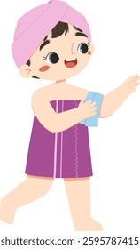 Cute kid is drying the body by towel