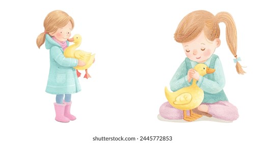 Nettes Kind mit Ente Aquarell Vektorillustration