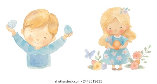 cute kid easter celebration watercolor vector illustration 