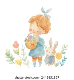 cute kid easter celebration watercolor vector illustration 