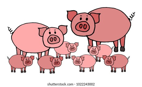 Cute kid easy vector illustration of pig family including mother, father and kids, isolated on white background.