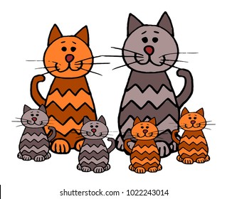 Cute kid easy vector illustration cat family including mother  father   kids  isolated white background 