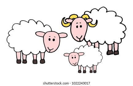Cute kid easy vector illustration of sheep family including mother, father and kid, isolated on white background.