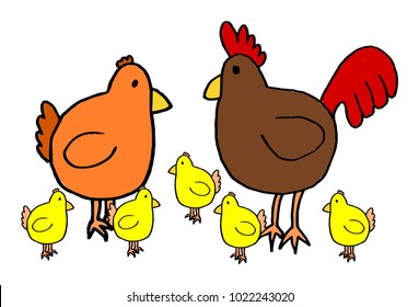 Cute kid easy vector illustration of hen family including mother, father and kids, isolated on white background.