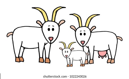 Cute kid easy vector illustration goat family including mother  father   kid  isolated white background 