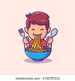 Cute Kid Eat Ramen Noodle Cartoon Vector Icon Illustration. People Food Icon Concept Isolated Premium Vector. Flat Cartoon Style 