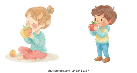 cute kid eating apple watercolour vector illustration