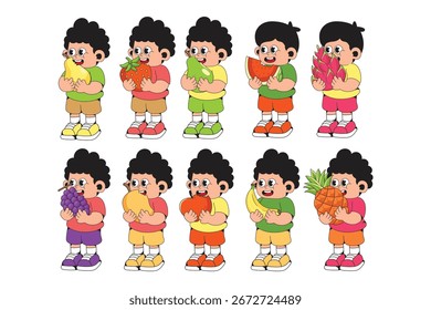 Cute Kid Eating Fruit Collection Cartoon Illustration