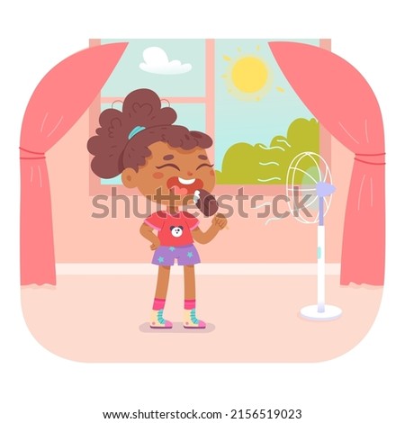 Cute kid eating ice cream at home vector illustration. Cartoon adorable girl standing near window and fan to cool off and eat chocolate popsicle in summer, frozen delicious dessert isolated on white