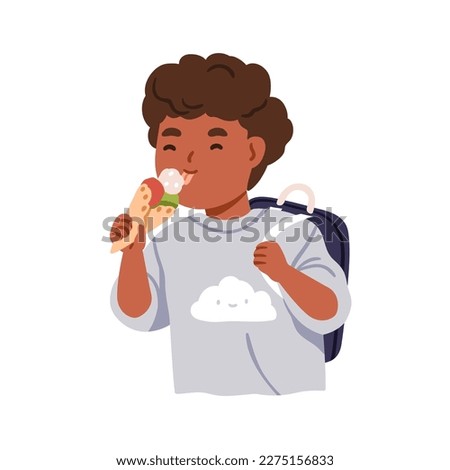 Cute kid eating ice-cream. Happy child licking icecream, sweet cold summer dessert in waffle cone. Black boy smiling, enjoying yummy food. Flat vector illustration isolated on white background