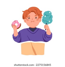 Cute kid eating sweet food, yummy snacks. Happy child holding donut and sugar cotton candy floss in hands. Funny boy enjoying confectionery. Flat vector illustration isolated on white background