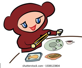 Cute kid eats sushi with chopsticks, in front of him is a plate with squid, noodles and sauce. Food. For kitchen, restaurant for children, school canteens