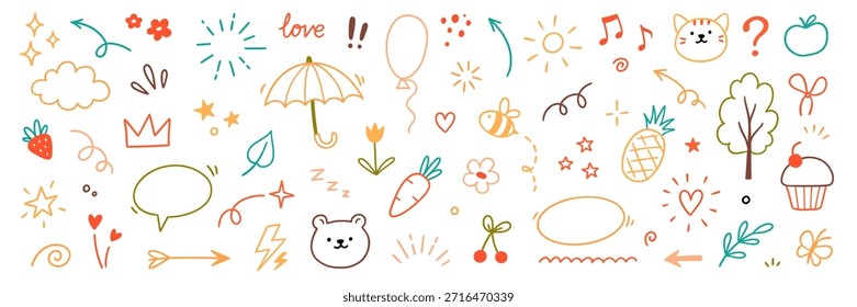 Lindo conjunto de elementos para niños. Dibujado a mano garabato corazón, flor y Elementos de nube para una linda línea de fondo de niño simple. Doodle dibujado boceto corazón, estrella, nube de dibujos animados Formas adhesivas. Ilustración vectorial