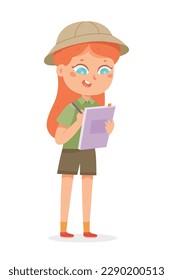 Cute-Kind-Entdecker in Pfadfinderoutfit Studium der Natur Vektorgrafik. Cartoon einzeln lustiges Mädchen in Safari Hut und grüne Uniform halten Notizblock und Stift in der Hand, um zu schreiben Forschung