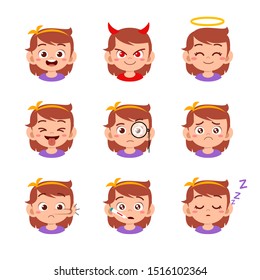 cute kid face expression emoji emoticon set