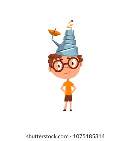 Cute kid in fantastic headdress with antenna, scientist boy character working on science experiment vector Illustration on a white background