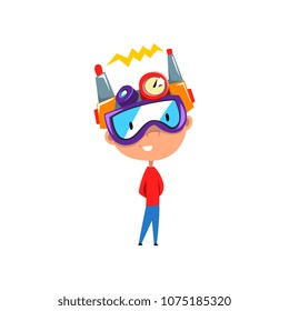 Cute kid in fantastic headdress, scientist boy character working on physics science experiment vector Illustration on a white background