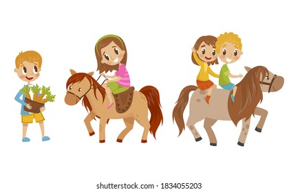 Cute Kid Feeding Their Horses with Carrot and Sitting on Horseback Vector Set