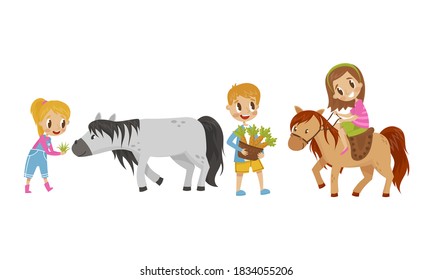 Cute Kid Feeding Their Horses with Grass and Carrot Vector Set