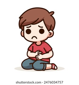lindo niño se siente mal en el estómago de dibujos animados personaje Ilustración vectorial diseño de Plantilla