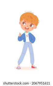 Cute kid with finger thumb up vector illustration. Cartoon little boy gesturing ok, portrait of schoolboy character showing appreciation gesture with hand, expression of funny child isolated on white