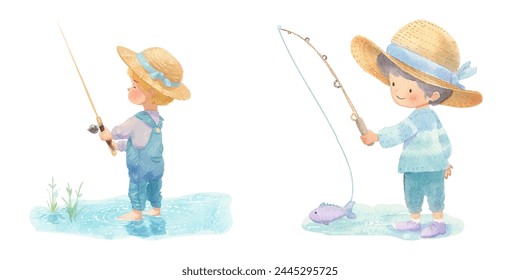 cute kid fishing watercolor vector illustration 