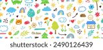 Cute kid flower, child element seamless pattern. Hand drawn doodle sketch children cute vector school chalk background. Kids doodle crayon style line flower, cloud doodle pattern. Vector illustration