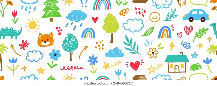 Cute kid flower, child element seamless pattern. Hand drawn doodle sketch children cute vector school chalk background. Kids doodle crayon style line flower, cloud doodle pattern. Vector illustration