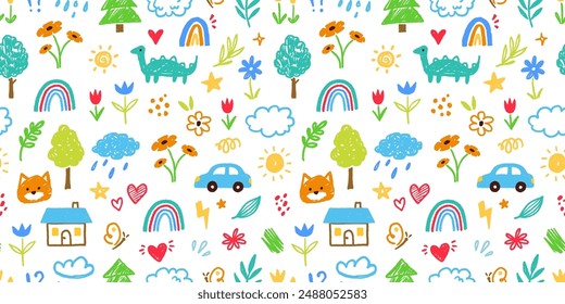 Cute kid flower, child element seamless pattern. Hand drawn doodle sketch children cute vector school chalk background. Kids doodle crayon style line flower, cloud doodle pattern. Vector illustration